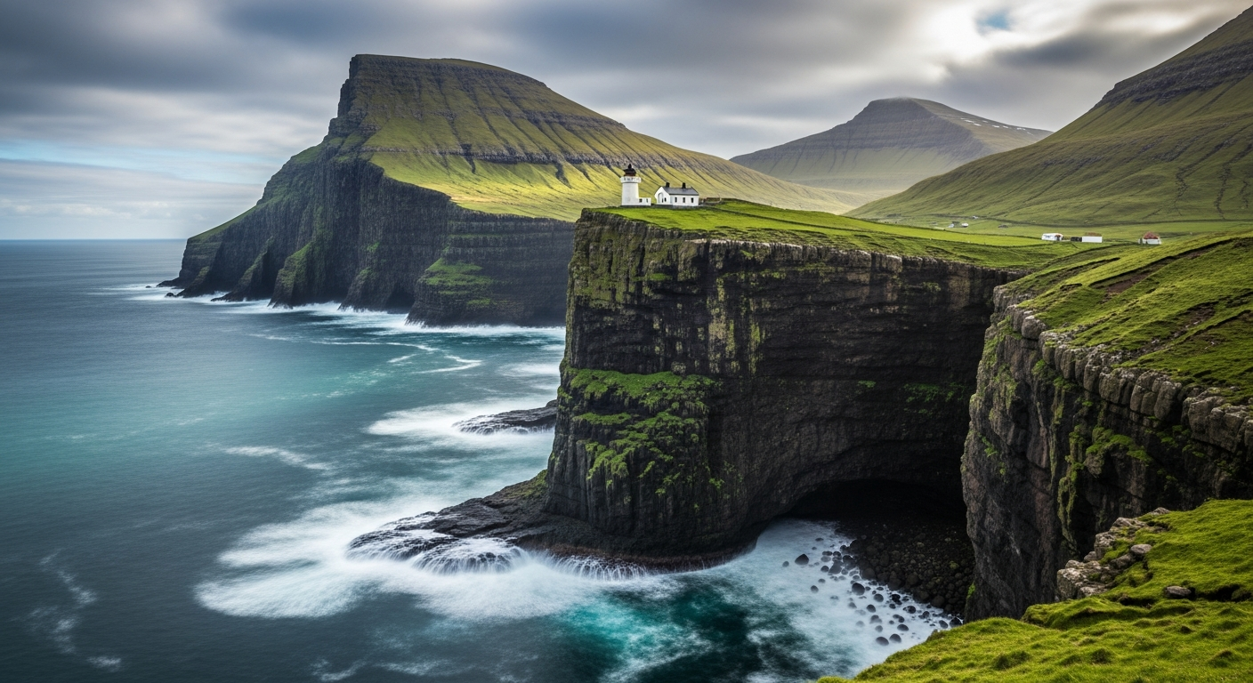 A dramatic wide-angle shot of the sheer green cliffs of Kalsoy island, with the tiny white Kallur Lighthouse perched precariously on the edge, surrounded by a swirling, moody Atlantic Ocean under a soft break in the summer clouds.