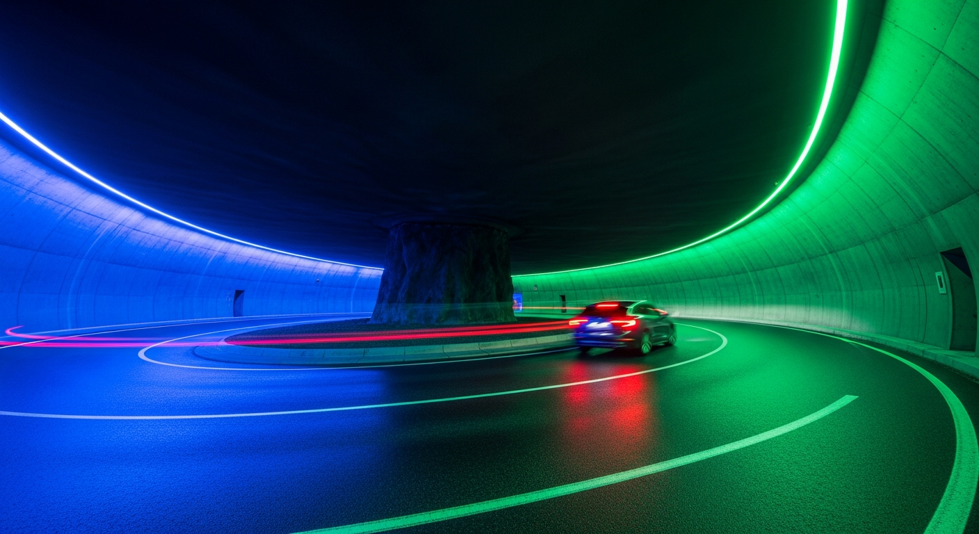 A vibrant interior shot of the Eysturoyartunnilin undersea roundabout, illuminated by glowing blue and green LED lights, showing a car driving along the smooth, curved asphalt deep beneath the ocean floor.