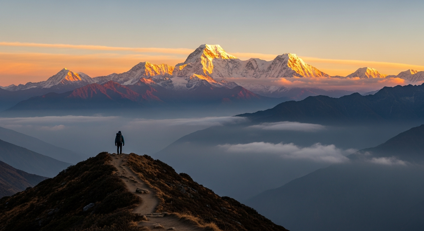 A dramatic wide-angle shot of the snow-capped Kanchenjunga range, known as the Sleeping Buddha, towering over a misty mountain ridge with a lone trekker standing on a rugged trail at sunrise, vibrant orange and pink hues in the sky.