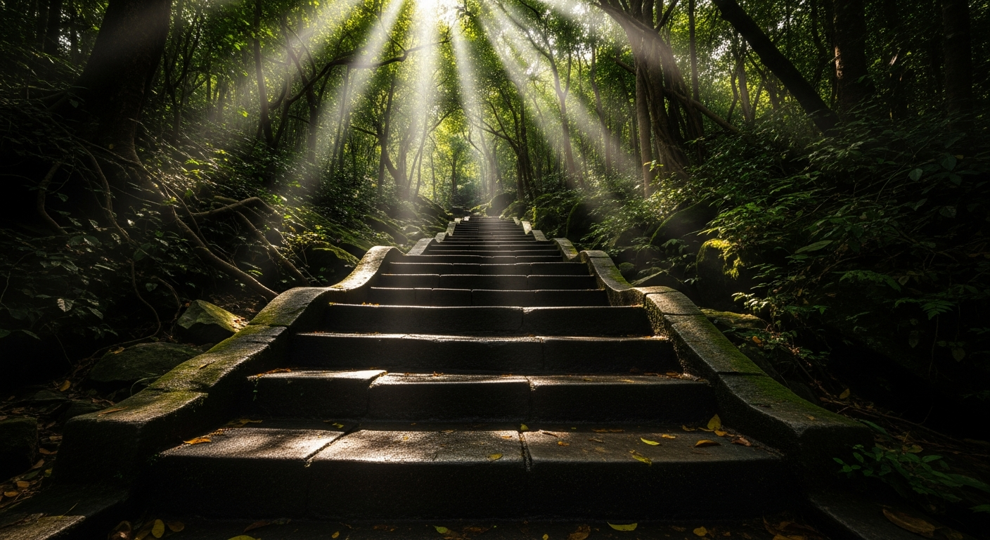 A close-up, dramatic shot of stone-carved steps worn smooth by centuries of pilgrims, rising steeply through the dense, shadowed green jungle of the Seshachalam forest, with shafts of sunlight piercing the canopy.